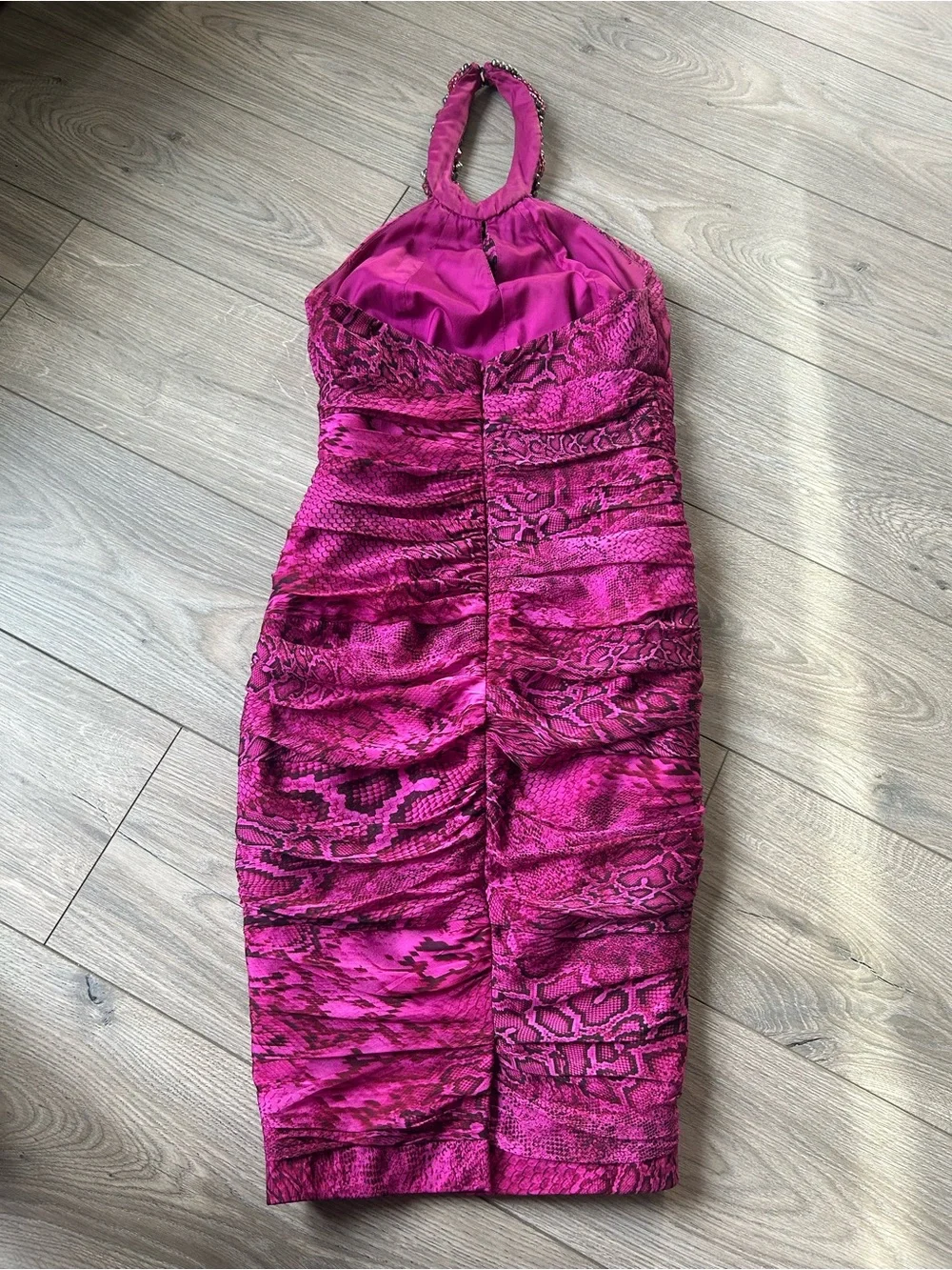Carmen Marc Valvo Silk Snake Print Evening  Beaded Collar Dress Size 6